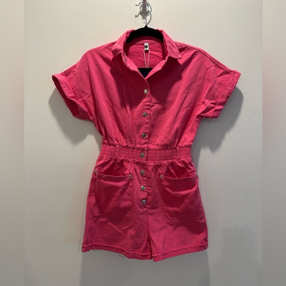 Short Cuffed Sleeve Utility Rompers Elastic Waist Button Down Pocketed Hot Pink - Picture 2 of 4
